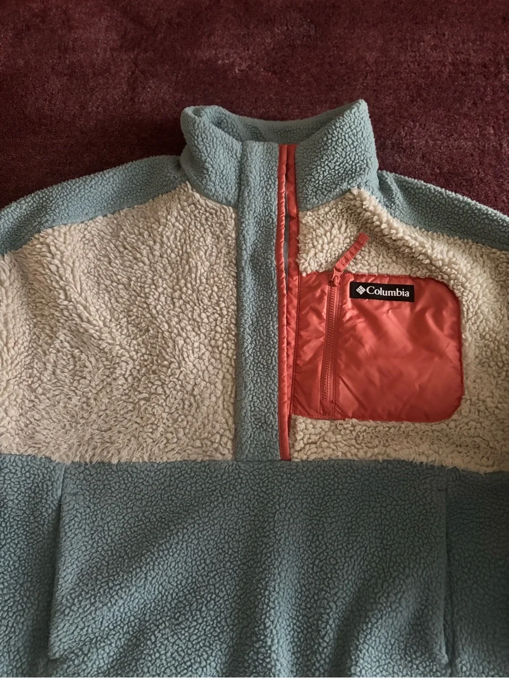 Columbia Woman' Fleece Pullover Jacket in Light Blue and Cream with Coral Pocket